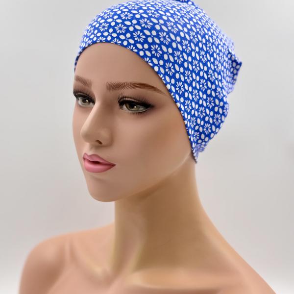 Handgemaakte dubbele slaapmuts blauw wit