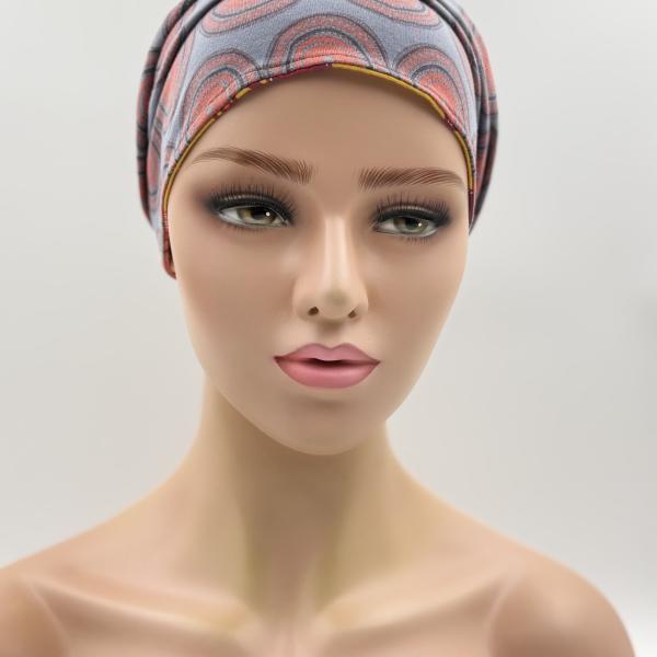 Handgemaakte chemo muts Bonnie grijs/okergeel maat M