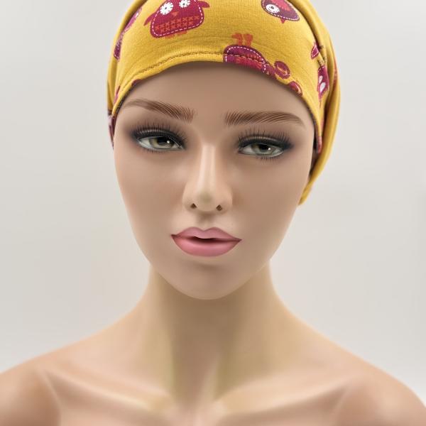 Handgemaakte chemo muts Bonnie grijs/okergeel maat M
