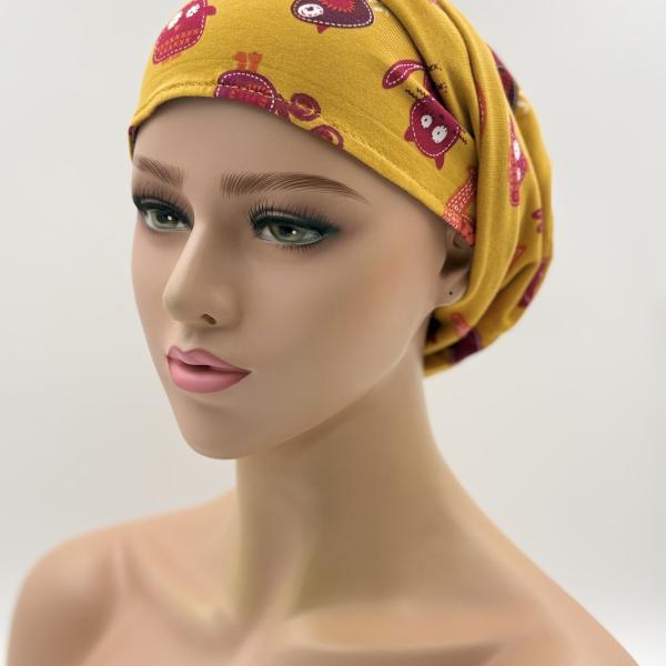Handgemaakte chemo muts Bonnie grijs/okergeel maat M