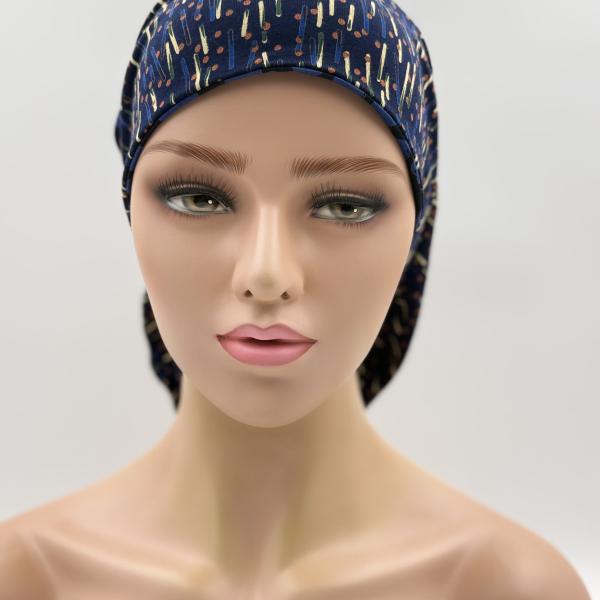 Handgemaakte chemo muts Bonnie zwart blauw tinten maat M