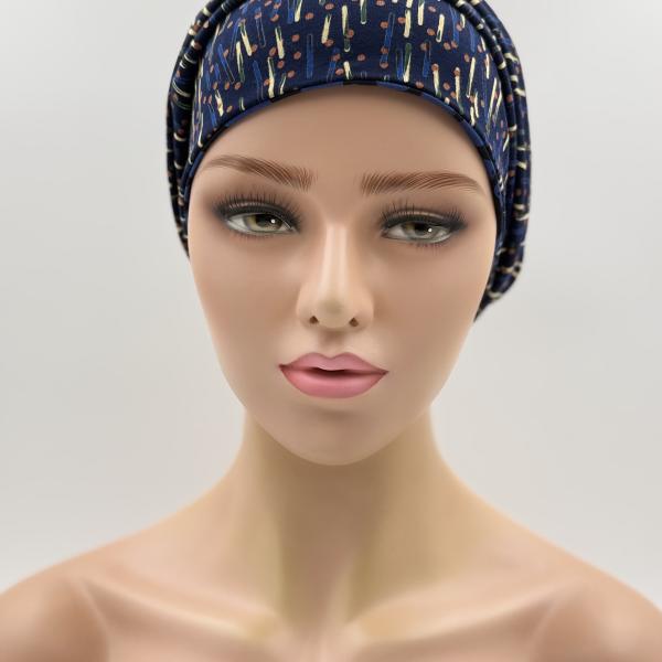 Handgemaakte chemo muts Bonnie zwart blauw tinten maat M
