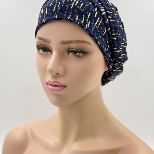 Handgemaakte chemo muts Bonnie zwart blauw tinten maat M