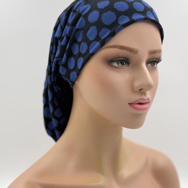 Handgemaakte chemo muts Bonnie zwart blauw tinten maat M