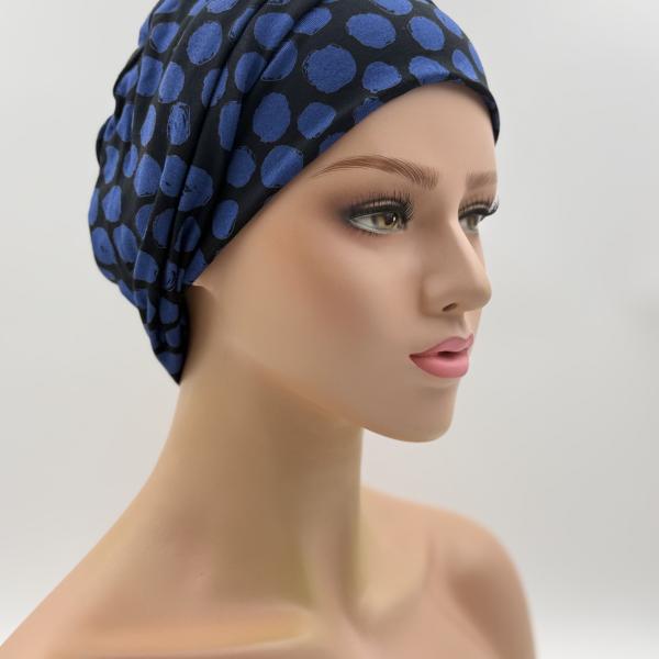 Handgemaakte chemo muts Bonnie zwart blauw tinten maat M