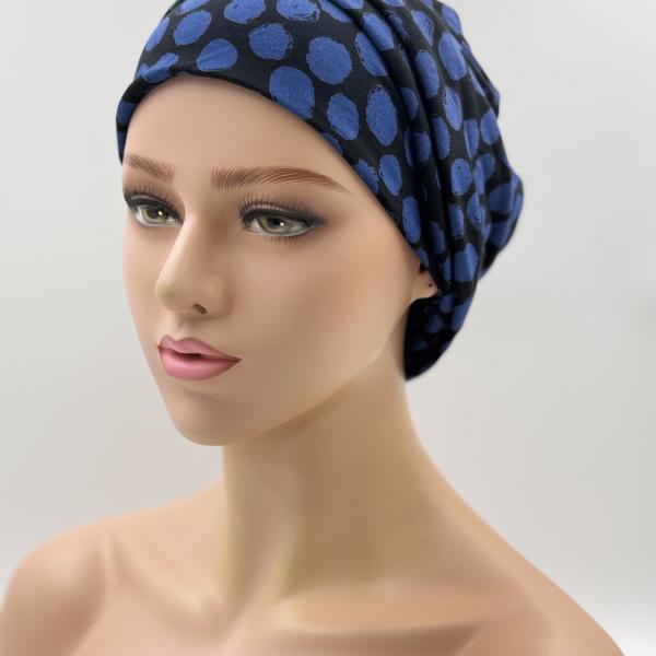Handgemaakte chemo muts Bonnie zwart blauw tinten maat M