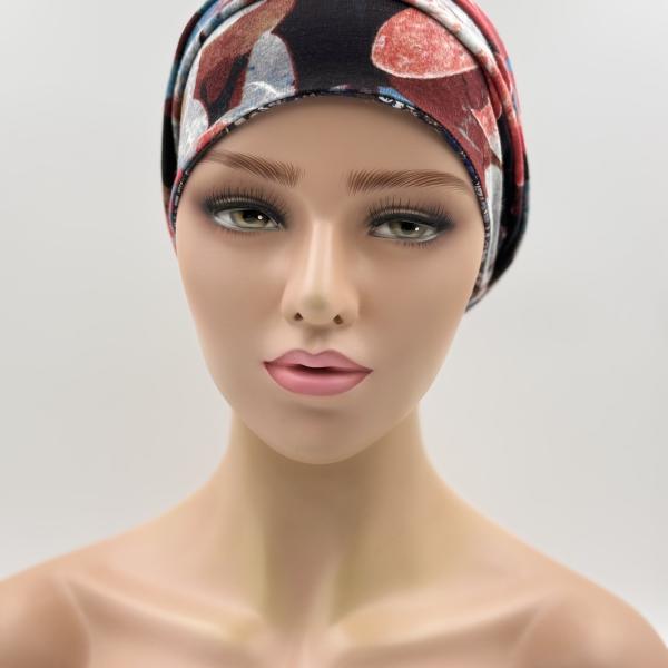 Handgemaakte chemo muts Bonnie rood en blauw tinten maat s