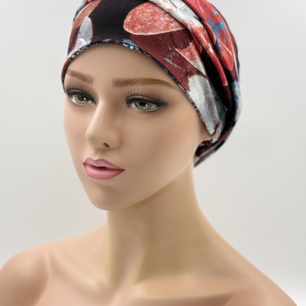 Handgemaakte chemo muts Bonnie rood en blauw tinten maat s