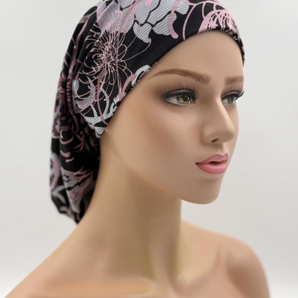 Handgemaakte chemo muts Bonnie zwart en lila tinten maat s