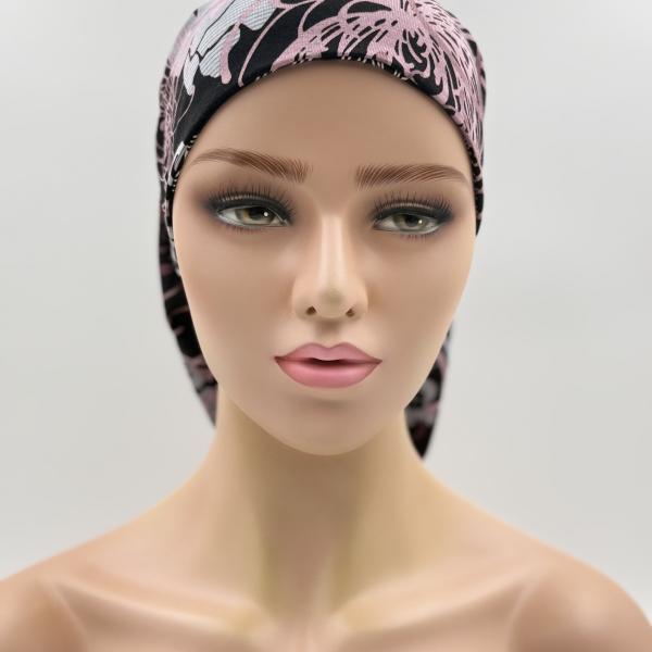 Handgemaakte chemo muts Bonnie zwart en lila tinten maat s