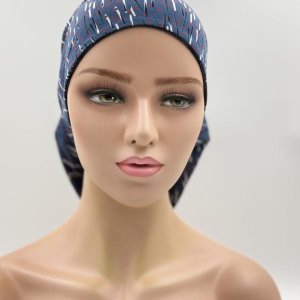 Handgemaakte chemo muts Bonnie zwart en jeans tinten maat s