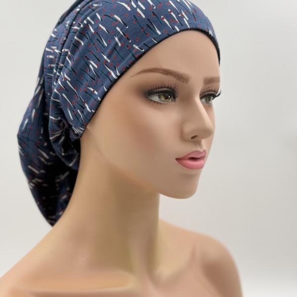 Handgemaakte chemo muts Bonnie zwart en jeans tinten maat s