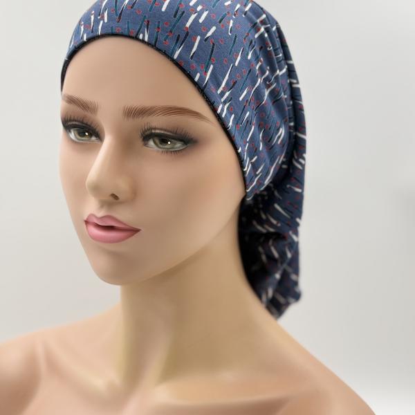 Handgemaakte chemo muts Bonnie zwart en jeans tinten maat s