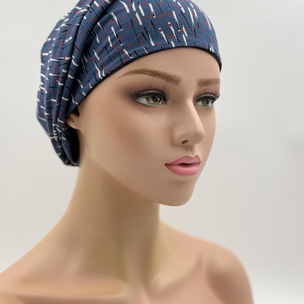 Handgemaakte chemo muts Bonnie zwart en jeans tinten maat s