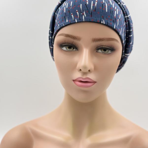 Handgemaakte chemo muts Bonnie zwart en jeans tinten maat s