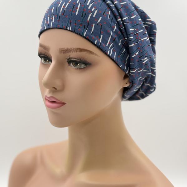 Handgemaakte chemo muts Bonnie zwart en jeans tinten maat s