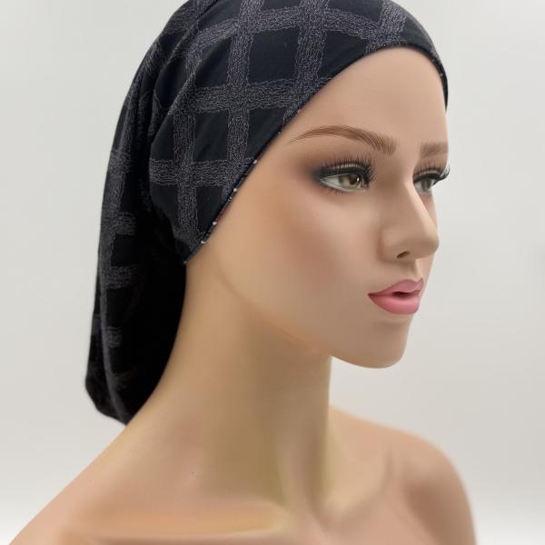 Handgemaakte chemo muts Bonnie zwart en jeans tinten maat s
