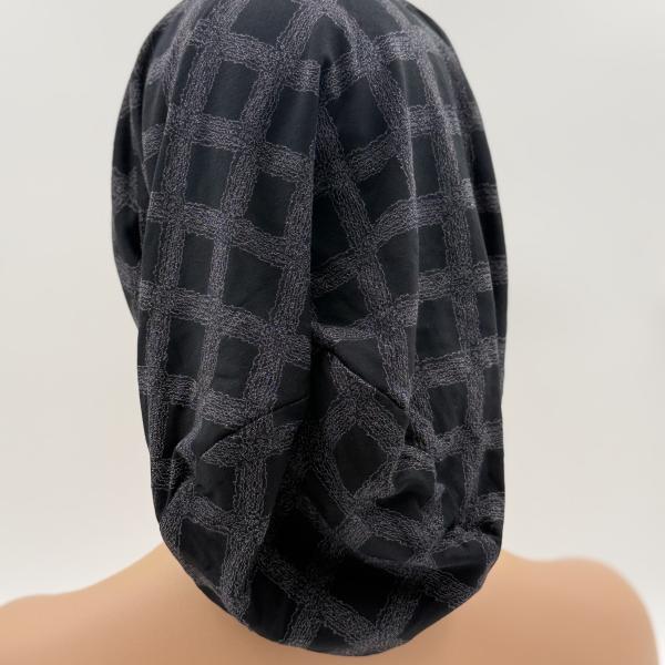 Handgemaakte chemo muts Bonnie zwart en jeans tinten maat s
