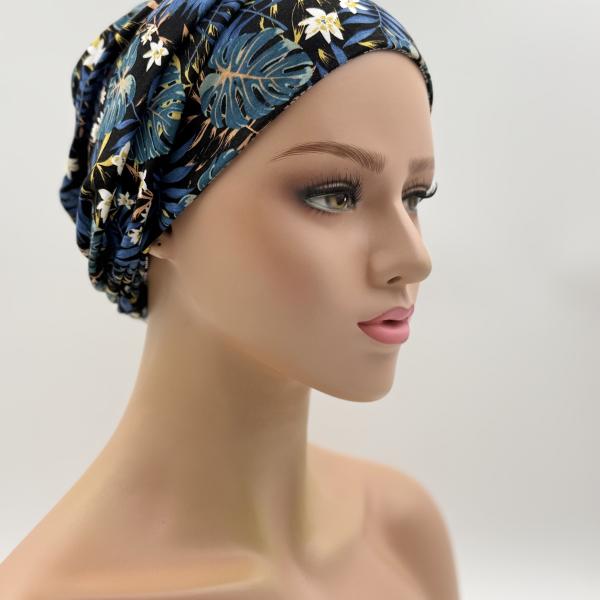 Handgemaakte chemo muts Bonnie Hawaï en zwart tinten maat s