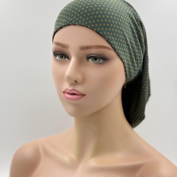 Handgemaakte chemo muts Bonnie paars, rood, bruin en groen met gouden stip maat S