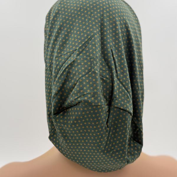 Handgemaakte chemo muts Bonnie paars, rood, bruin en groen met gouden stip maat S