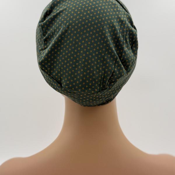 Handgemaakte chemo muts Bonnie paars, rood, bruin en groen met gouden stip maat S