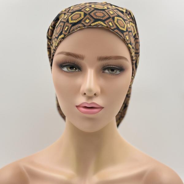 Handgemaakte chemo muts Bonnie bruin oker, donker blauw goud maat S