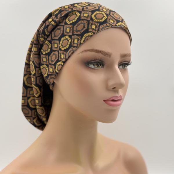 Handgemaakte chemo muts Bonnie bruin oker, donker blauw goud maat L