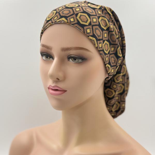 Handgemaakte chemo muts Bonnie bruin oker, donker blauw goud maat L