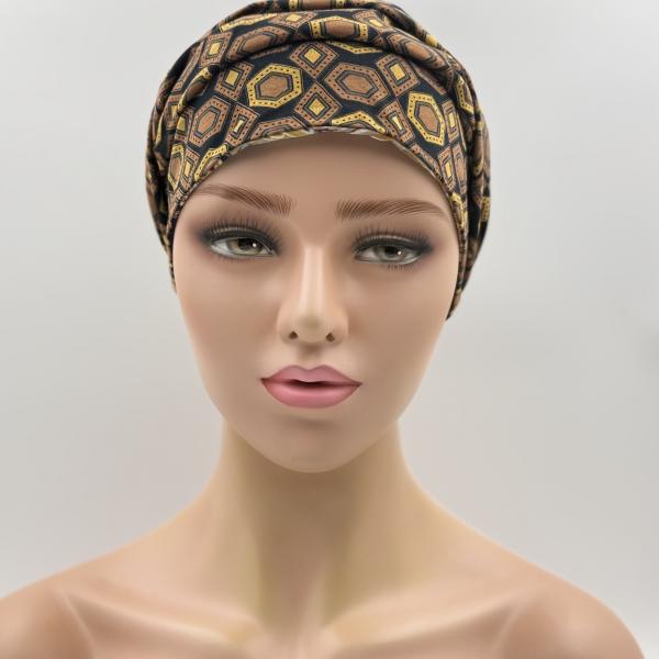 Handgemaakte chemo muts Bonnie bruin oker, donker blauw goud maat L