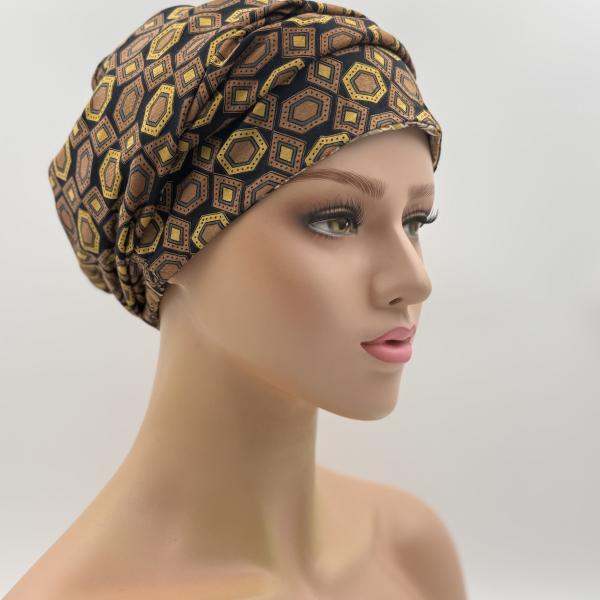 Handgemaakte chemo muts Bonnie bruin oker, donker blauw goud maat L
