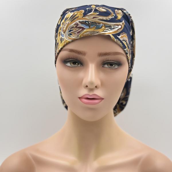 Handgemaakte chemo muts Bonnie bruin oker, donker blauw goud maat L