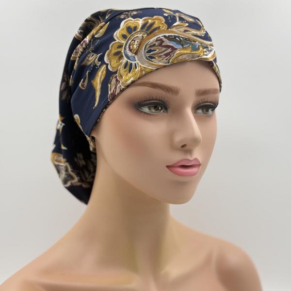 Handgemaakte chemo muts Bonnie bruin oker, donker blauw goud maat L
