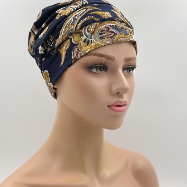 Handgemaakte chemo muts Bonnie bruin oker, donker blauw goud maat L