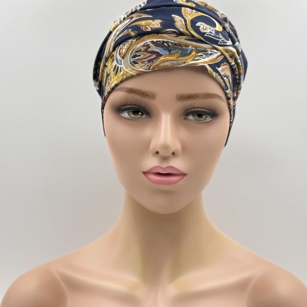 Handgemaakte chemo muts Bonnie bruin oker, donker blauw goud maat L