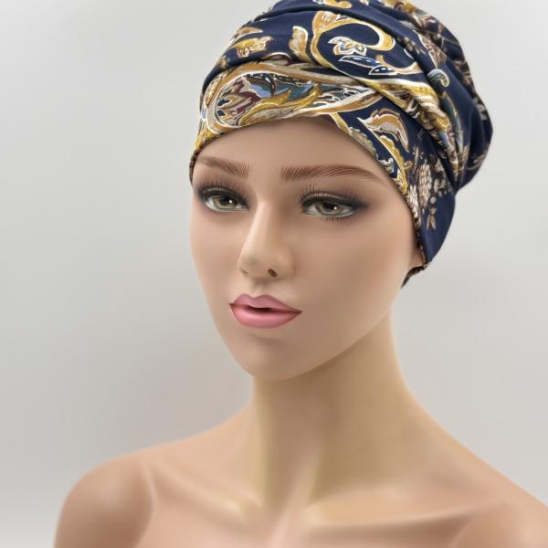Handgemaakte chemo muts Bonnie bruin oker, donker blauw goud maat L