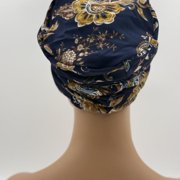 Handgemaakte chemo muts Bonnie bruin oker, donker blauw goud maat L