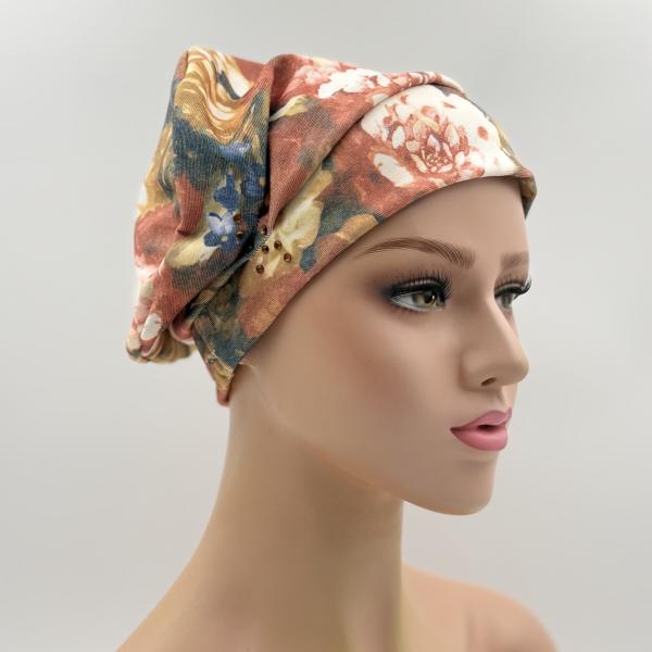 Handgemaakte chemo muts Barbara maat M terra creme met rozen