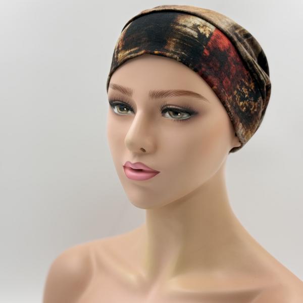 Handgemaakte chemo muts Barbara maat L bruin rood tinten
