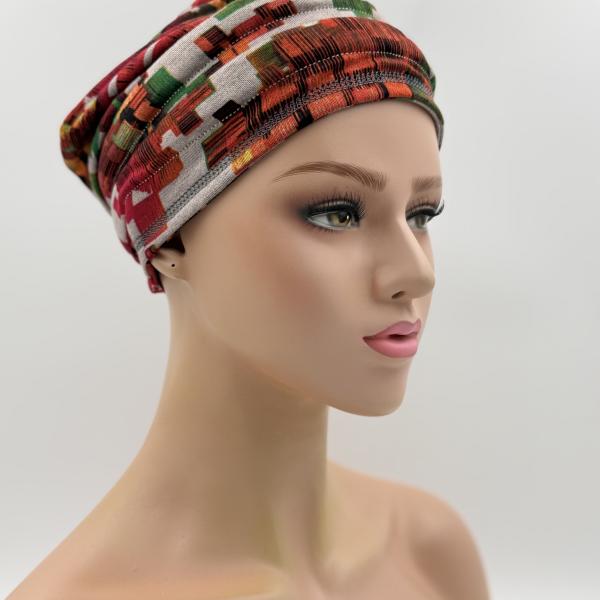 Handgemaakte chemo muts Babet grijs en rood tinten maat M