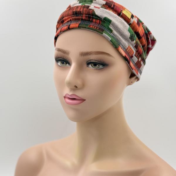 Handgemaakte chemo muts Babet grijs en rood tinten maat M