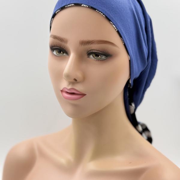 Handgemaakte chemo muts Bobby zwart/blauw maat L