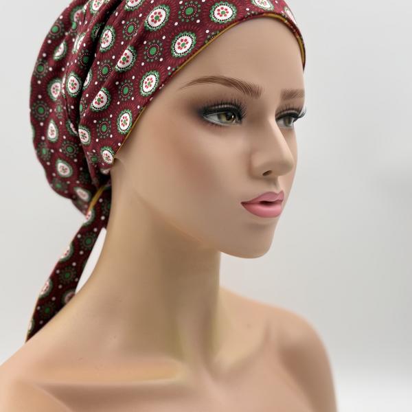 Handgemaakte chemo muts Bobby bordeaux/okergeel maat M