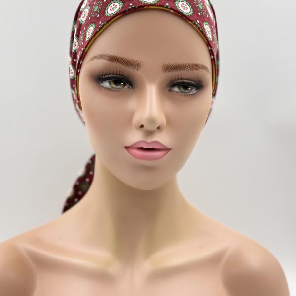 Handgemaakte chemo muts Bobby bordeaux/okergeel maat M