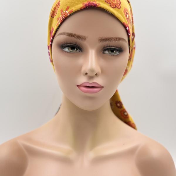 Handgemaakte chemo muts Bobby bordeaux/okergeel maat M