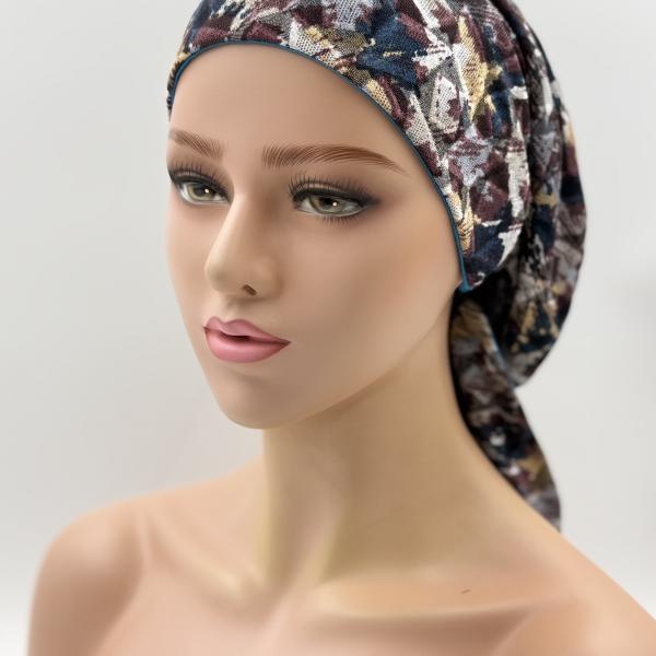 Handgemaakte chemo muts Bobby bordeaux en turquise maat S