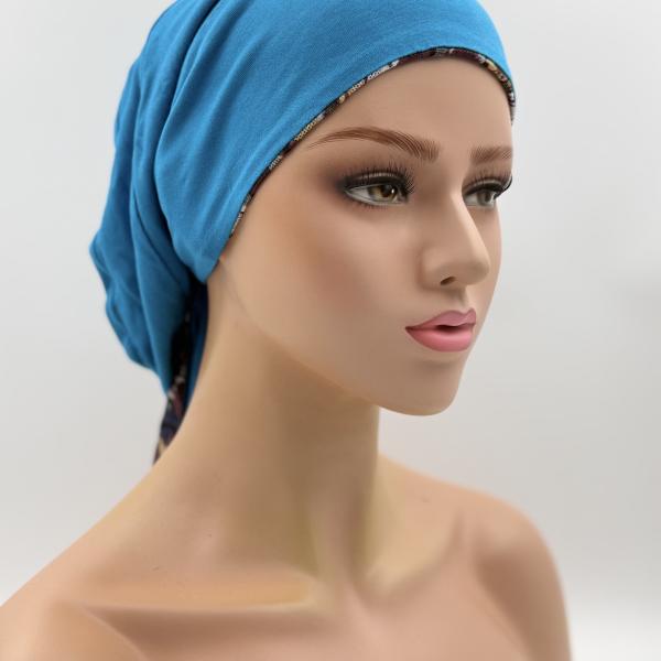 Handgemaakte chemo muts Bobby bordeaux en turquise maat S