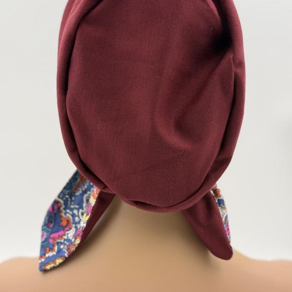 Handgemaakte chemo muts Bobby jeans blauw en bordeaux maat M