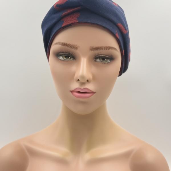 Handgemaakte chemo muts Brina bordeaux blauw/blauw bordeaux maat M