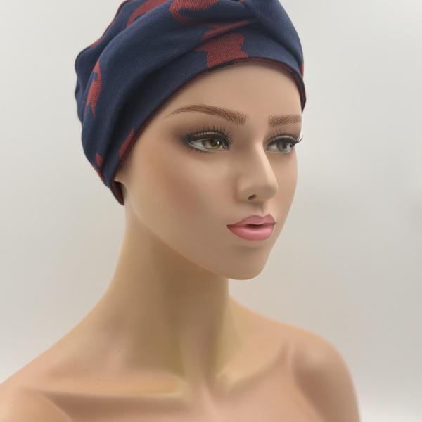 Handgemaakte chemo muts Brina bordeaux blauw/blauw bordeaux maat L